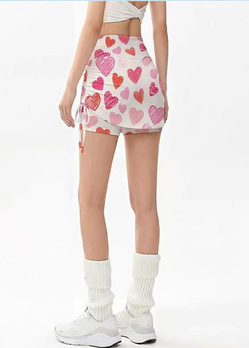 Chic Beige Heart Print High Waist Drawstring Fake Two Piece Built-In Shorts Workout Gym Skort