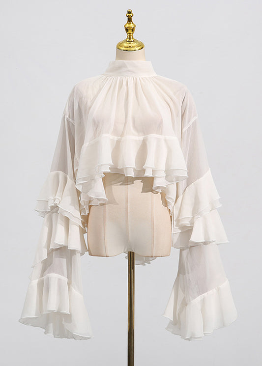 Chic Beige Hign Neck Ruffled Patchwork Chiffon Tops Flare Sleeve