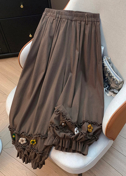 Chic Beige Ruffled Patchwork Wide Leg Pants Summer