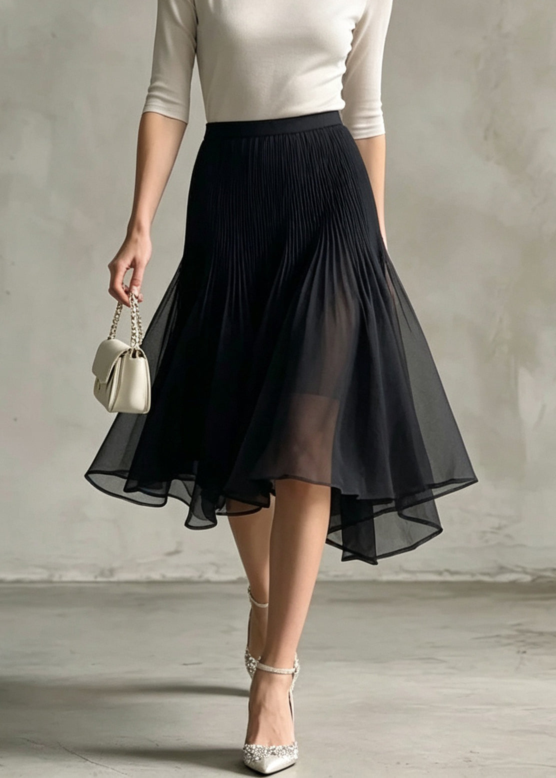 Chic Black Asymmetrical Patchwork Tulle Skirt Fall