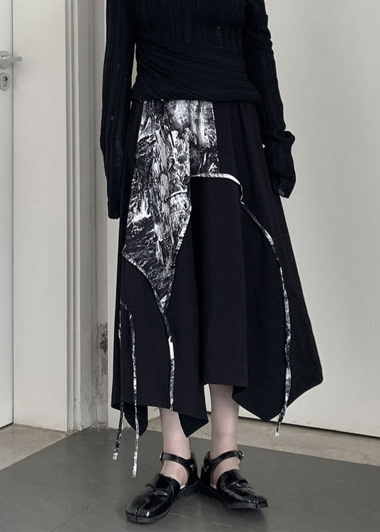 Chic Black Asymmetrical Print Cotton A Line Skirt Spring
