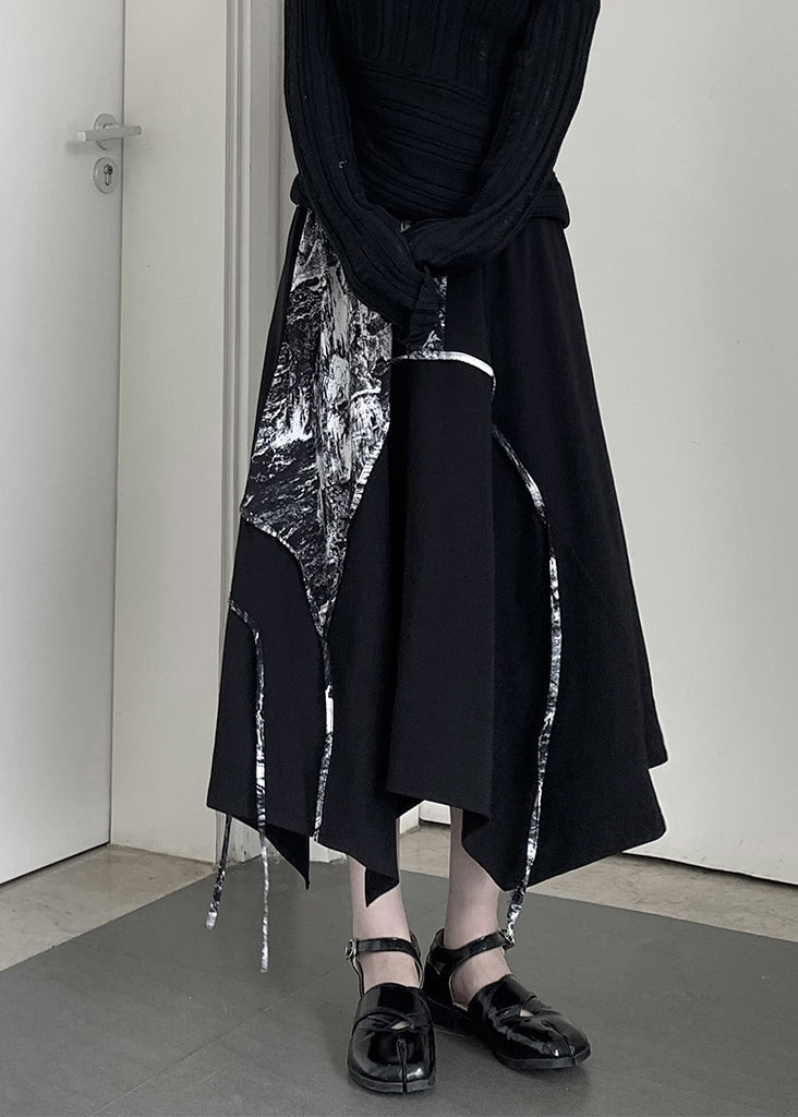 Chic Black Asymmetrical Print Cotton A Line Skirt Spring