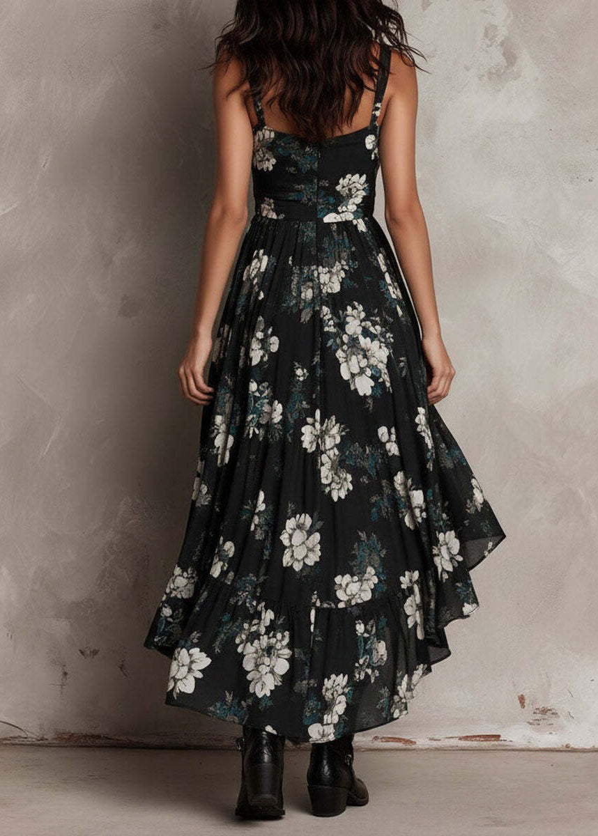 Chic Black Asymmetrical Print Cotton Spaghetti Strap Dress Summer