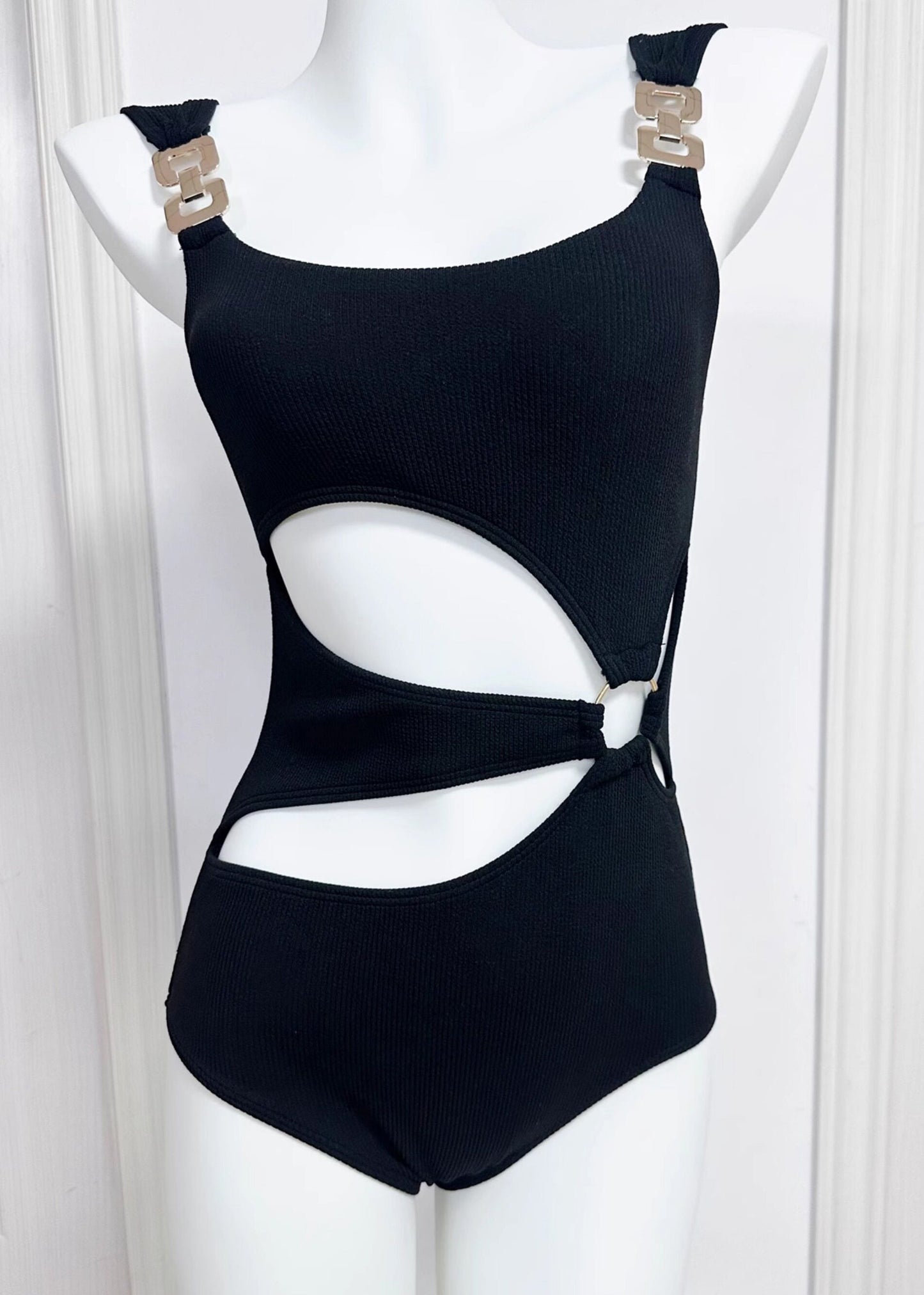 Chic Black Aymmetrical Design Hollow Out Swimwear Bodysuits