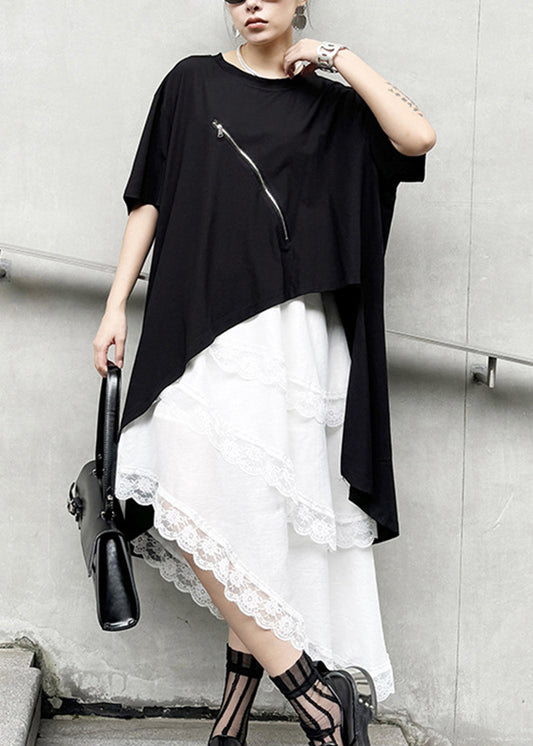 Chic Black Hollow Out Zip Up Asymmetrical Cotton T Shirt Summer