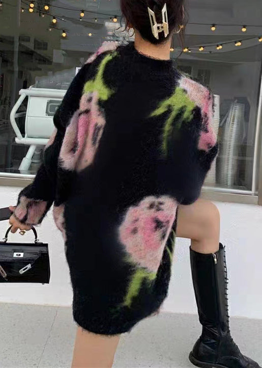 Chic Black O Neck Cozy Cotton Knit Mid Dress Long Sleeve