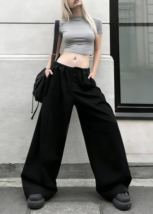 Chic Black Pockets Button Cotton Wide Leg Pants Spring