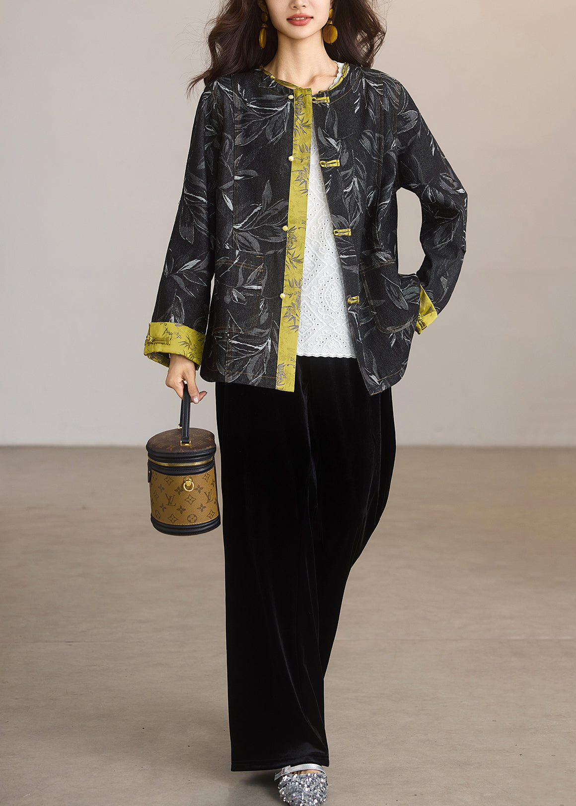 Chic Black Print Patchwork Chinese Button Denim Jackets Spring