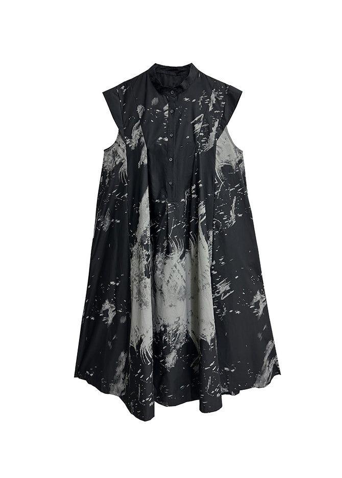 Chic Black Print Wrinkled Cotton Long Dresses Summer