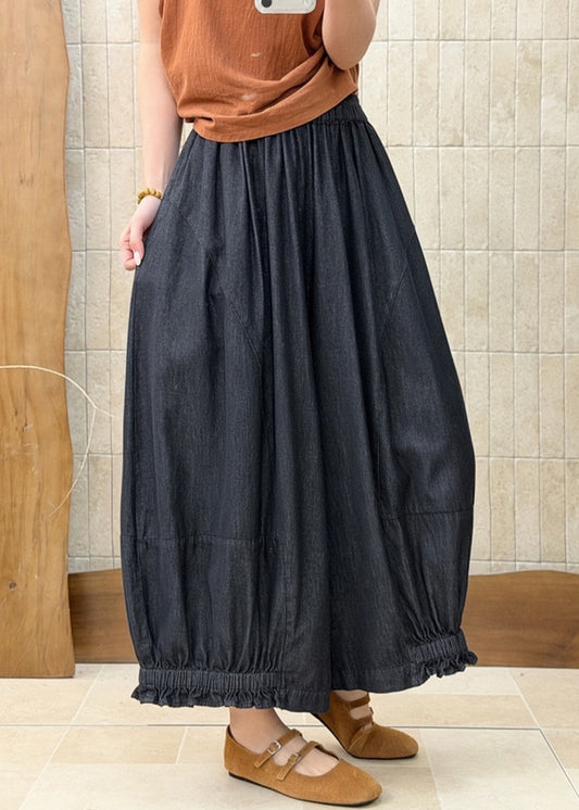 Chic Black Ruffled Pockets Patchwork Elastic Waist Denim Pants Fall