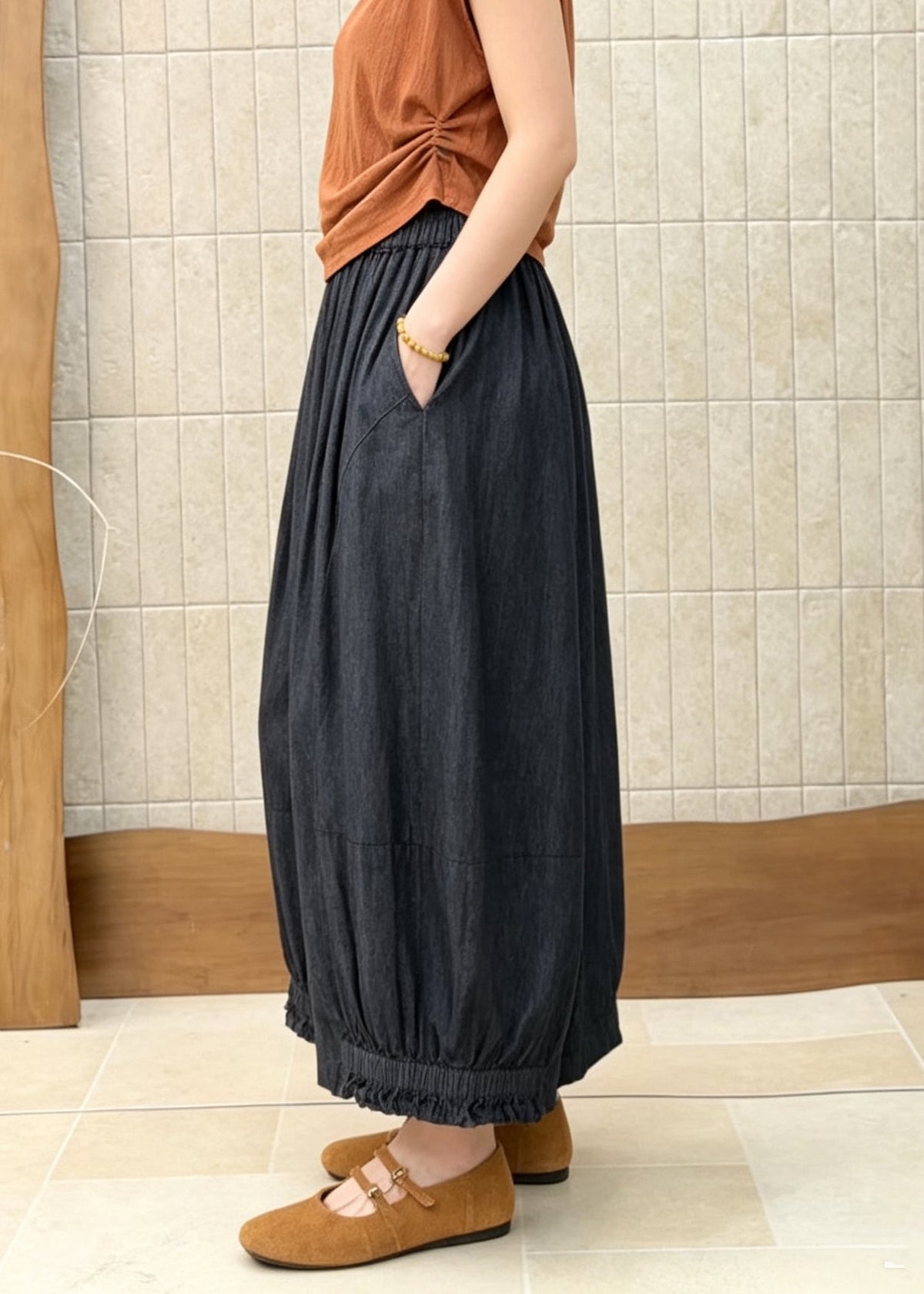 Chic Black Ruffled Pockets Patchwork Elastic Waist Denim Pants Fall