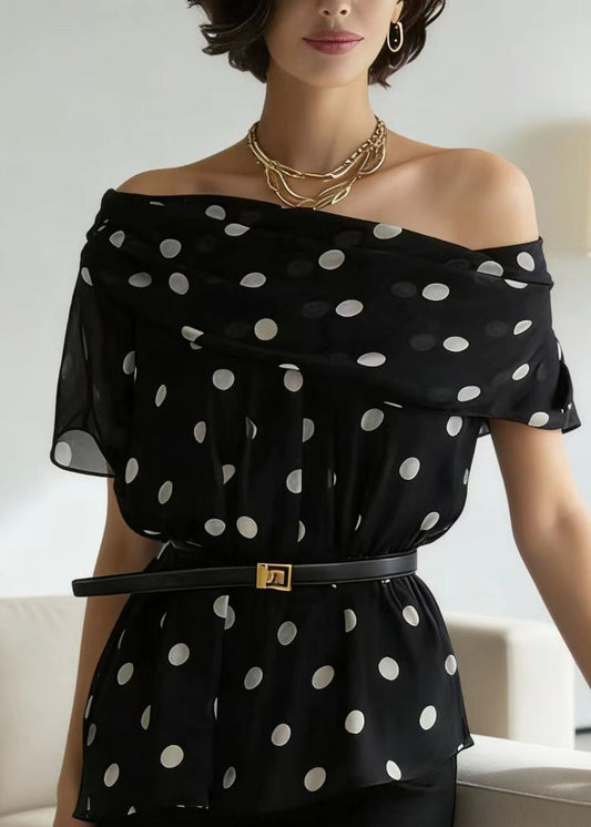 Chic Black Slash Neck Dot Print Chiffon Blouse Top Summer