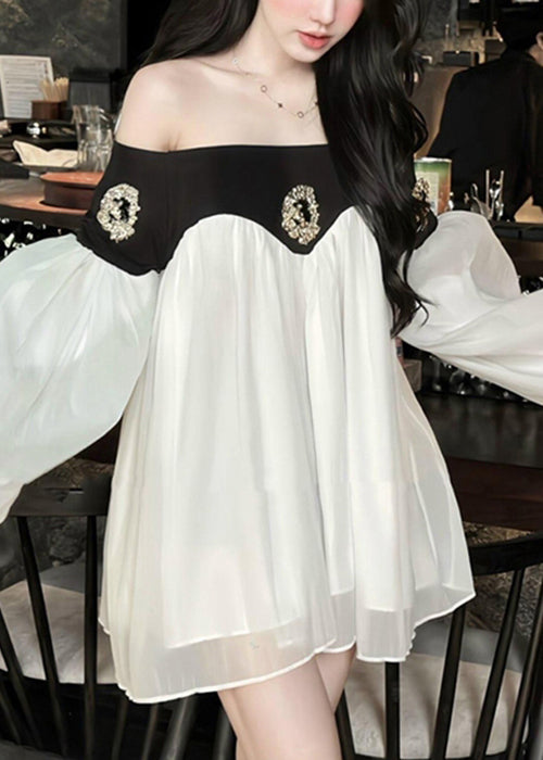 Chic Black Slash Neck Patchwork Chiffon Mid Dress Lantern Sleeve