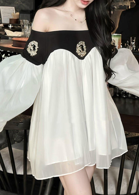 Chic Black Slash Neck Patchwork Chiffon Mid Dress Lantern Sleeve