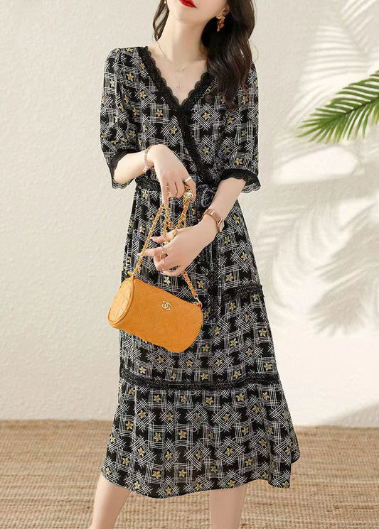 Chic Black V Neck Print Tie Waist Cotton Long Dresses Half Sleeve