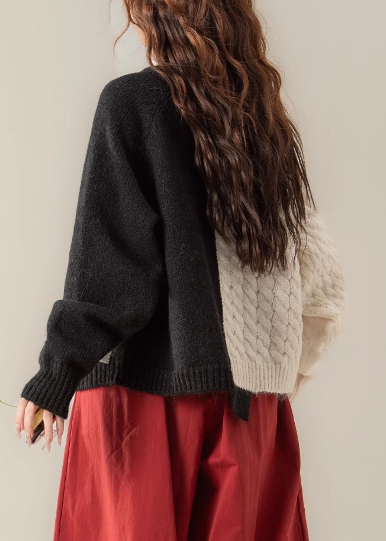 Chic Black Zip Up Denim Patchwork Knit Sweater Spring