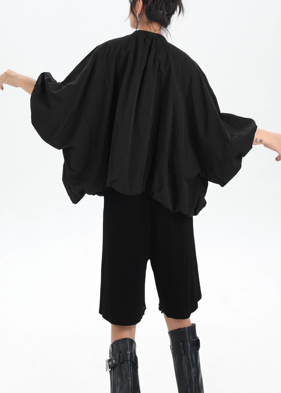 Chic Black Zip Up Pockets Patchwork Cotton Jacket Flower Bud Sleeve