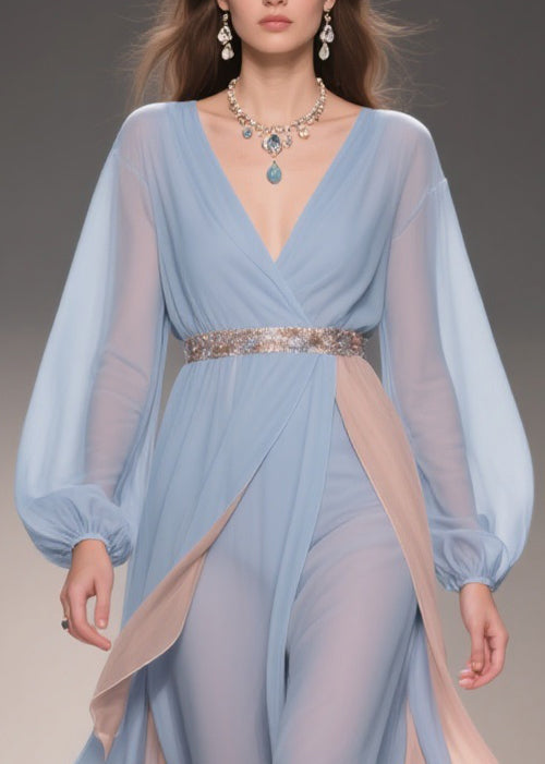 Chic Blue Asymmetrical High Waist Patchwork Chiffon Party Dress