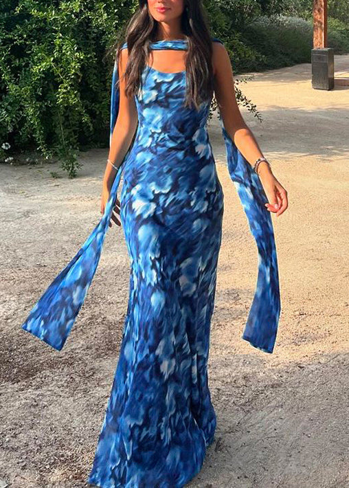 Chic Blue Backless Print Tulle Spaghetti Strap Dress Summer