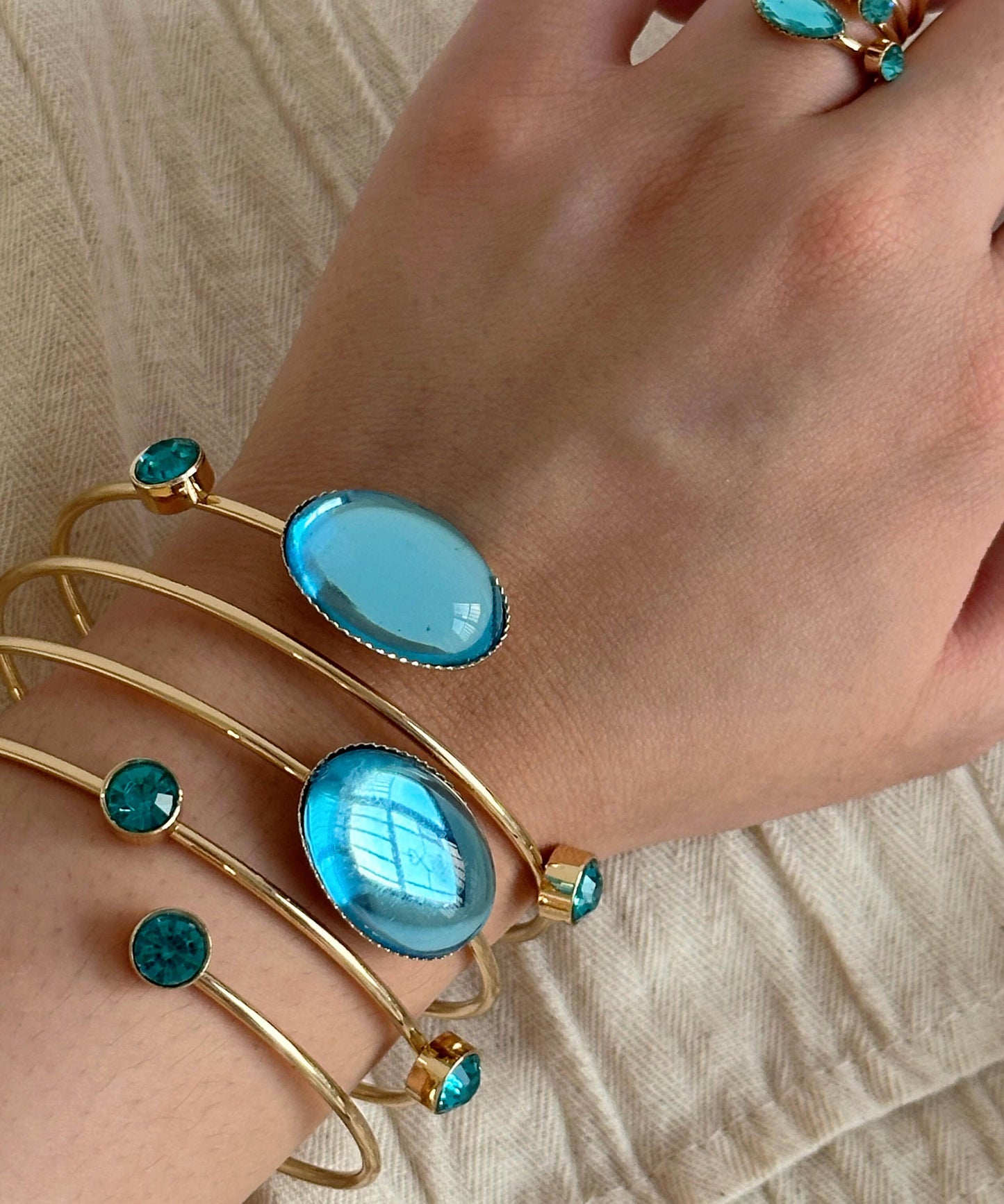 Chic Blue Copper Alloy Gem Stone Spiral Cuff And Rings Two-Piece Set