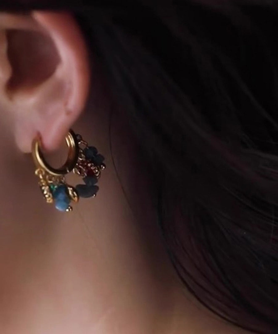 Chic Blue Copper Overgild Asymmetrical Natural Stone Hoop Earrings