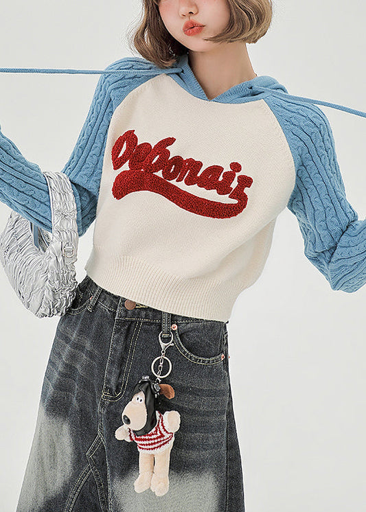 Chic Blue Hooded Patchwork Jacquard Knit Sweatshirts Top Spring