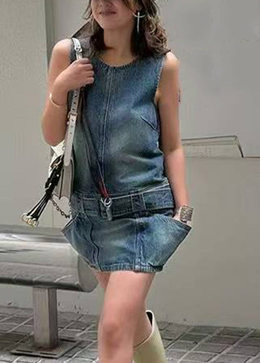 Chic Blue O-Neck Patchwork Sashes Denim Mid Dress Sleeveless
