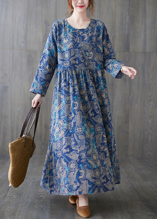 Chic Blue O-Neck Print Patchwork Long Dress Summer