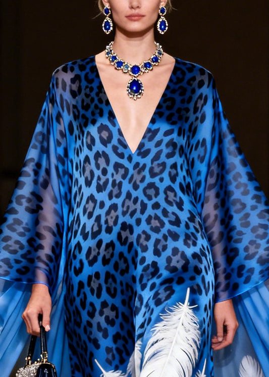 Chic Blue Oversized Leopard Print Exra Large Hem Silk Dress Summer