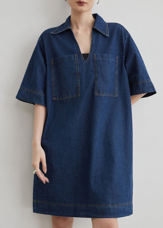 Chic Blue Peter Pan Collar Pockets Denim T Shirt Dresses Summer