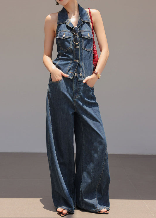 Chic Blue Peter Pan Collar Top And Pants Denim Two Pieces Set Sleeveless