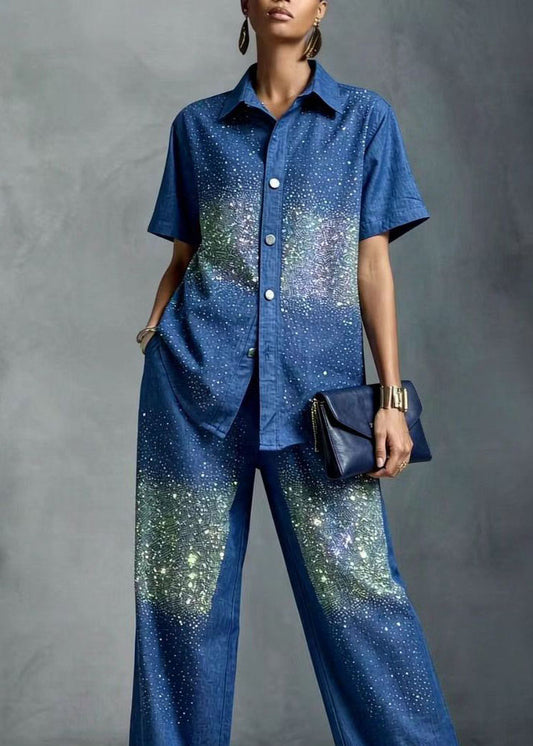 Chic Blue Peter Pan Collar Zircon Denim Two Pieces Set Summer