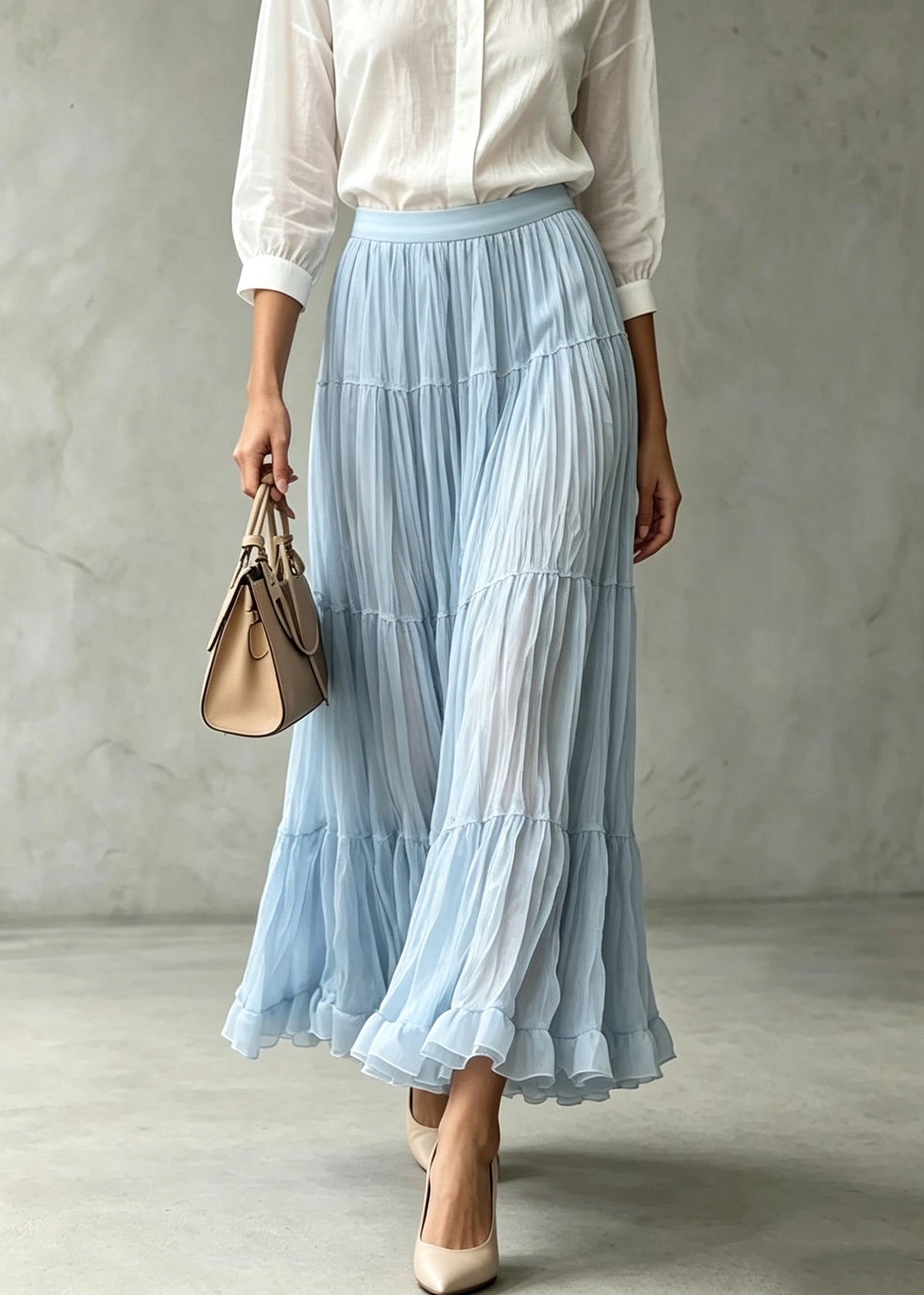 Chic Blue Ruffled Wrinkled Patchwork Elastic Waist Tulle Skirts Fall