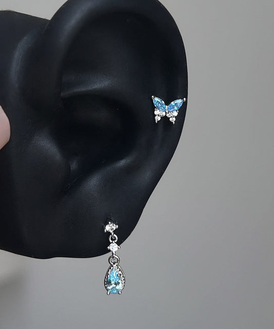 Chic Blue Stainless Steel Butterfly Water Droplet Zircon Asymmetrical Drop Earrings