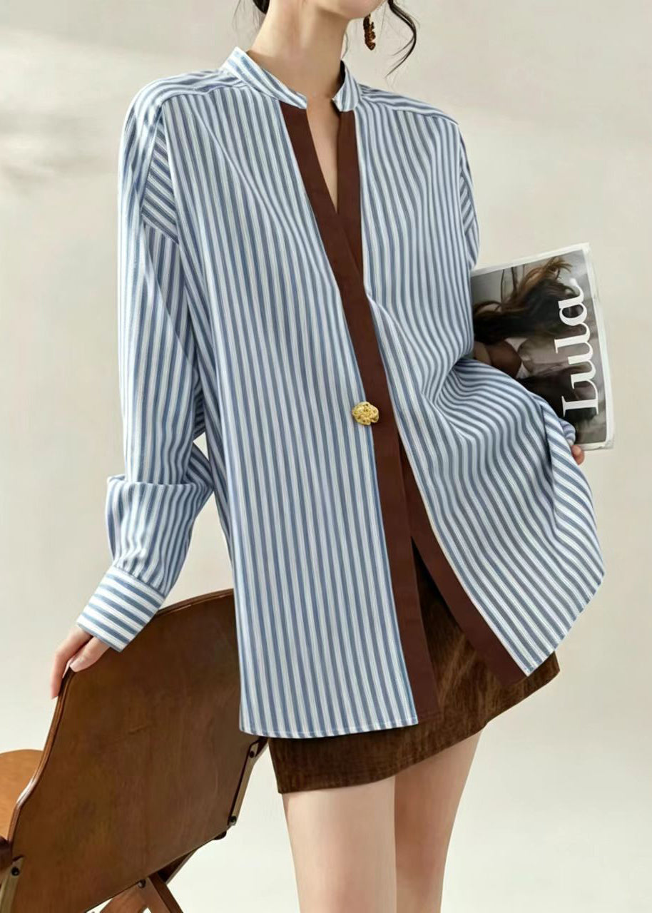 Chic Blue Striped Stand Collar Shirts Long Sleeve