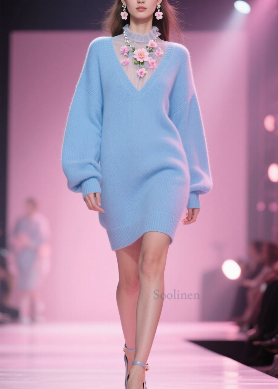 Chic Blue Tulle Floral Patchwork Knit Mid Dress Fall