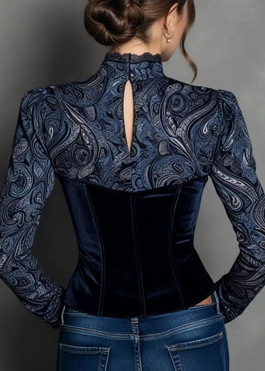 Chic Blue V Neck Lace Patchwork Velour Shirt Tops Fall