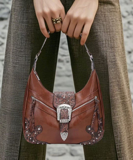 Chic Brown Appliqued Rivet Faux Leather Shoulder Bags