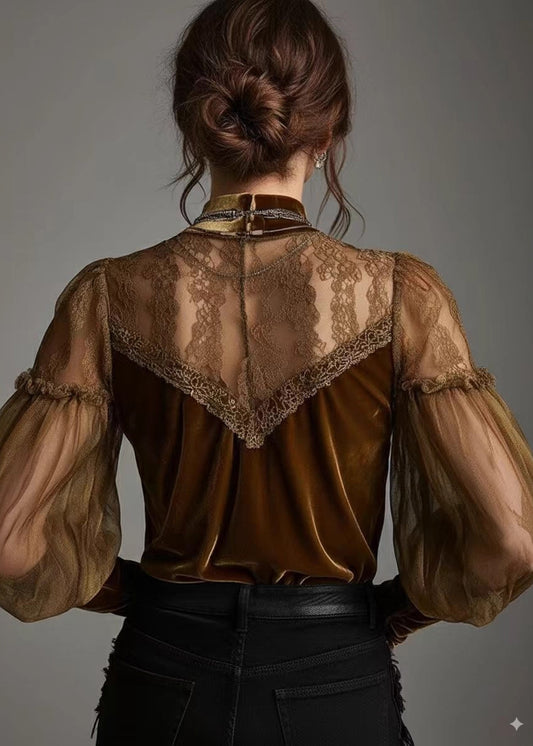 Chic Brown Hign Neck Tulle Lace Patchwork Velour Shirts Fall