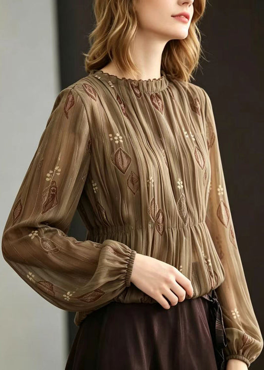 Chic Brown O-Neck Ruffled Jacquard Pleated Chiffon Tops Long sleeve