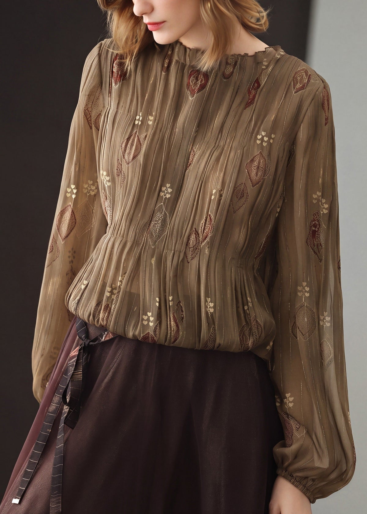 Chic Brown O-Neck Ruffled Jacquard Pleated Chiffon Tops Long sleeve