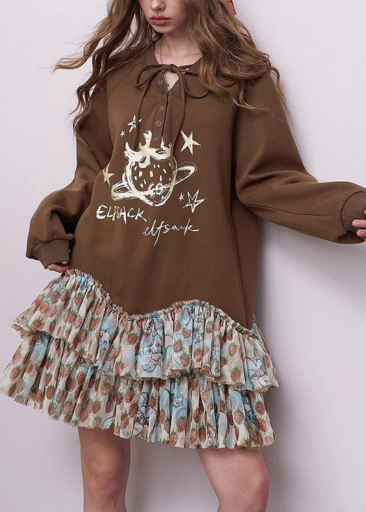 Chic Brown Oversized Patchwork Cotton Sweatshirts Dress Spring