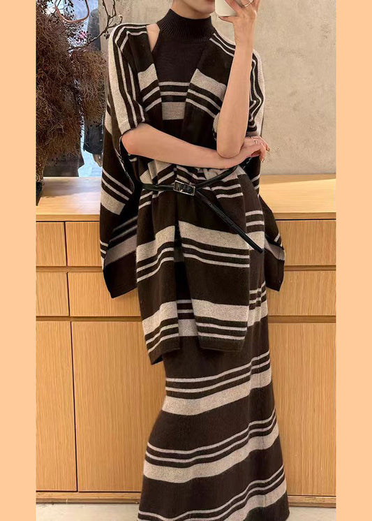 Chic Brown Striped Cardigans And Sweater Dress Knit Two Pieces Set Spring