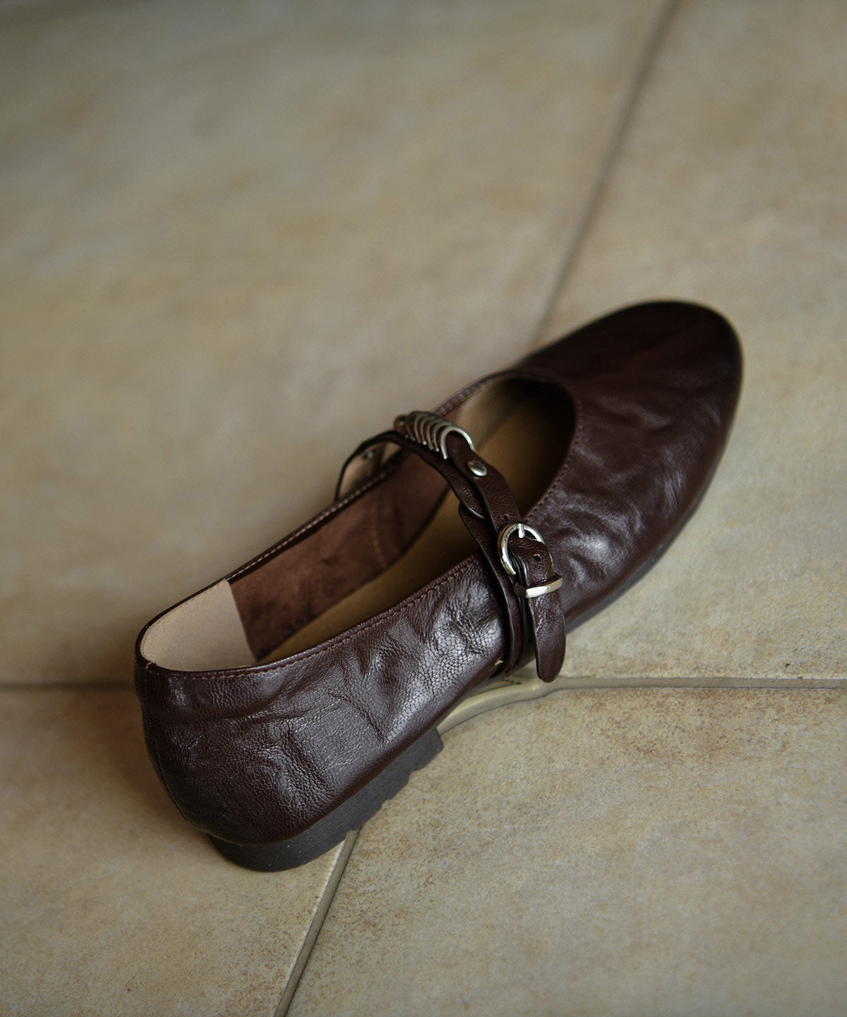 Chic Buckle Strap Flat Shoes For Women Chocolate Sheepskin