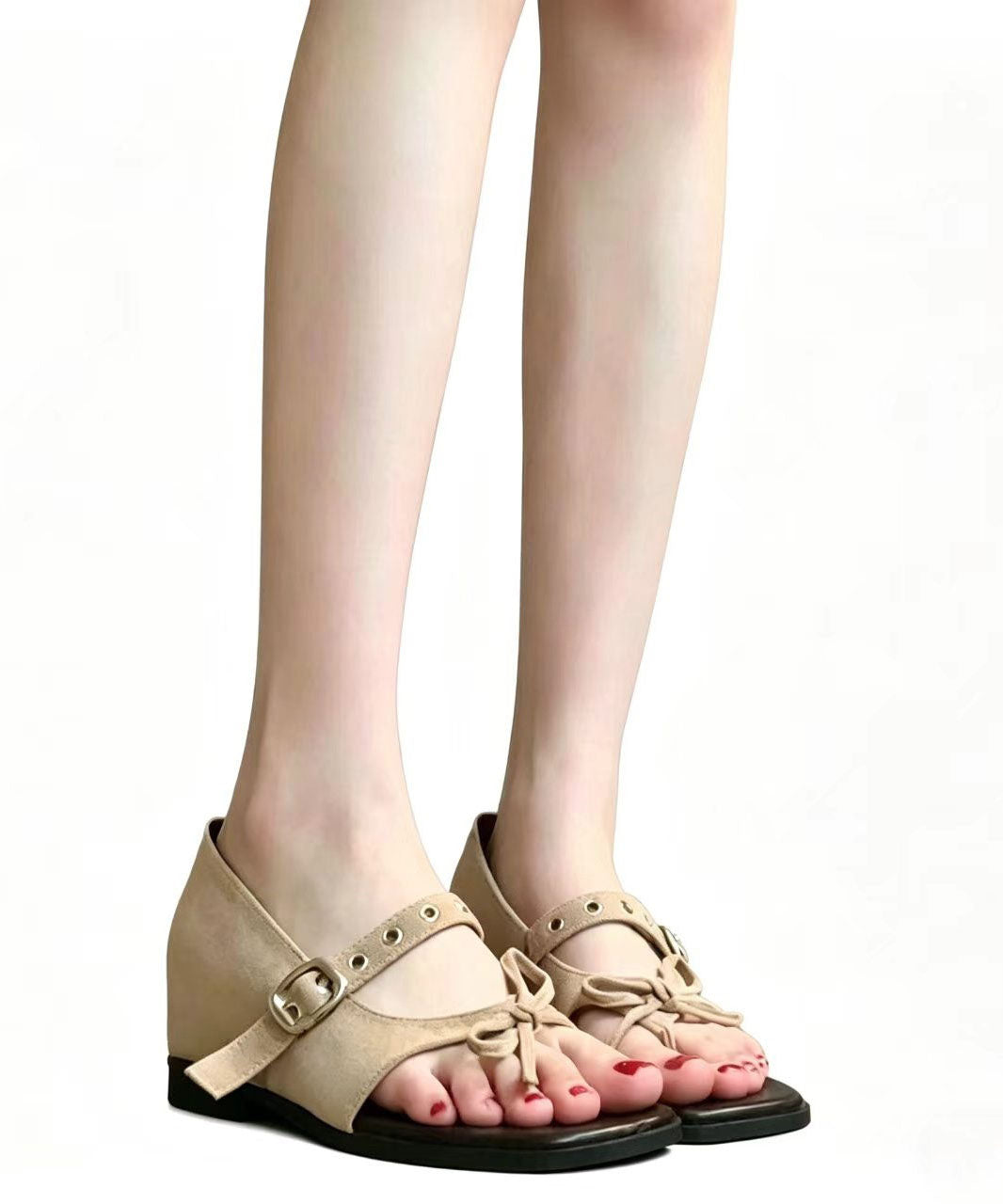 Chic Buckle Strap Splicing Wedge Sandals Khaki Suede Peep Toe