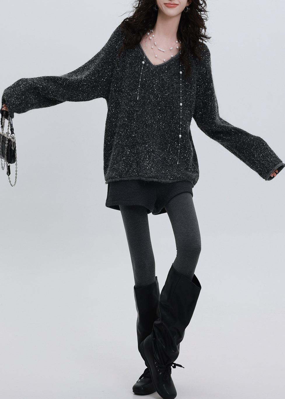 Chic Charcoal Grey Sequins Oversized Knit Sweater Tops Winter
