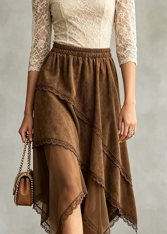 Chic Coffee Asymmetrical Tulle Patchwork Faux Suede Skirts Fall