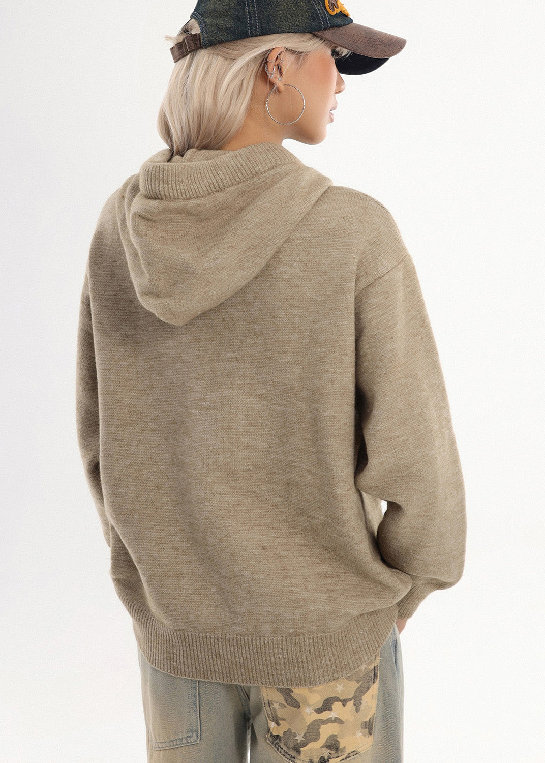 Chic Coffee Hooded Embroidered Knit Sweatshirt Winter