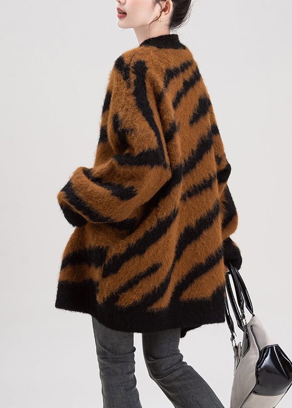 Chic Coffee V Neck Striped Button Knit Cardigans Spring