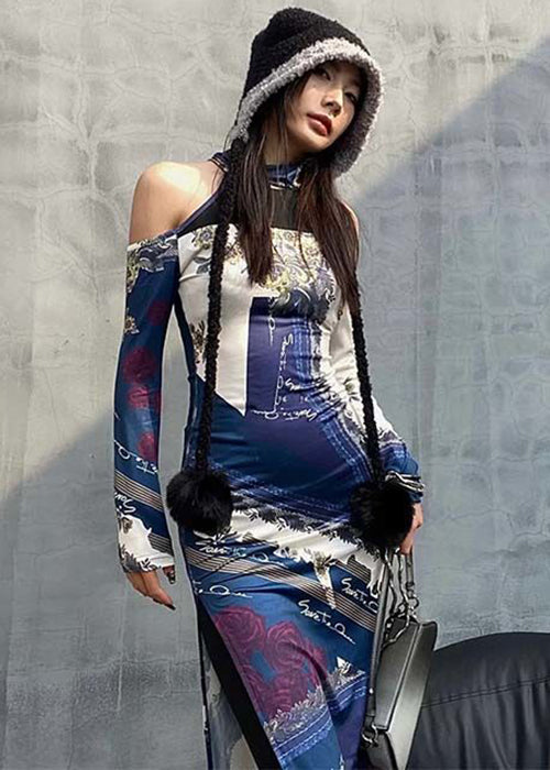 Chic Colorblock Cold Shoulder Print Cotton Dress Long Sleeve